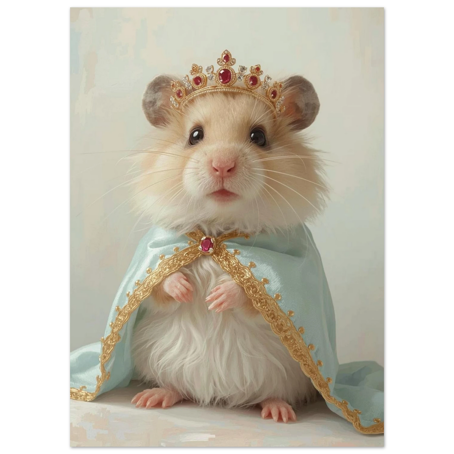 Guldhamster bärande en rubinkrona och elegant blå sammetsmantel