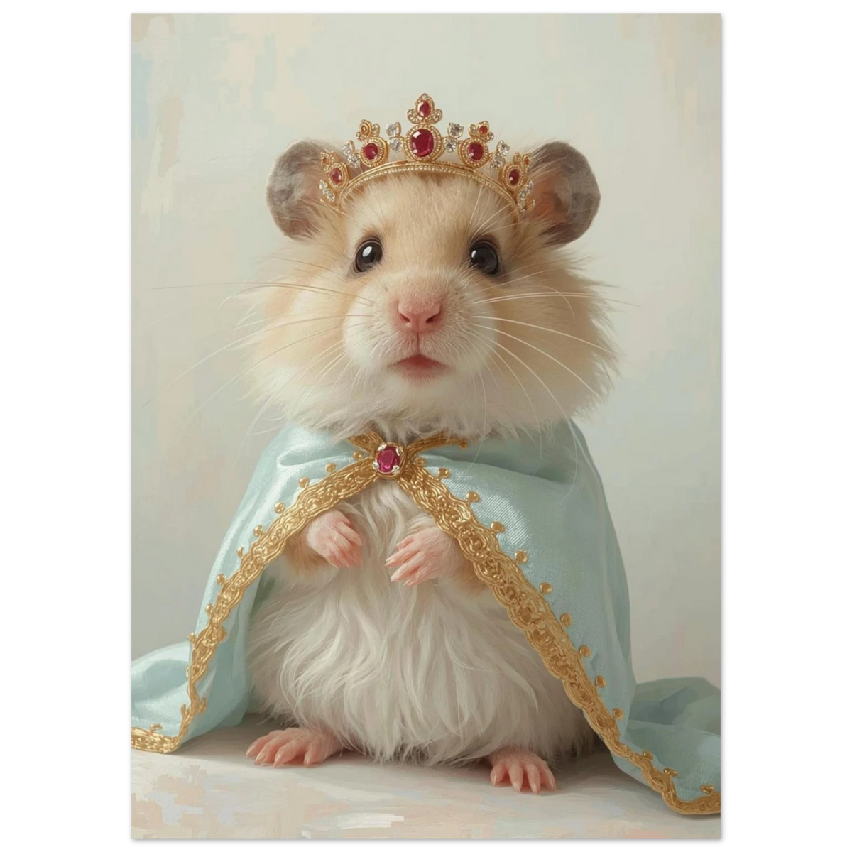 Guldhamster bärande en rubinkrona och elegant blå sammetsmantel
