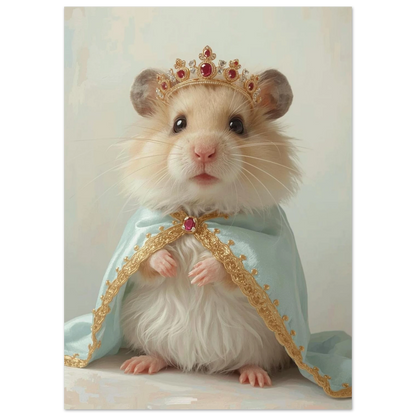 Guldhamster bärande en rubinkrona och elegant blå sammetsmantel