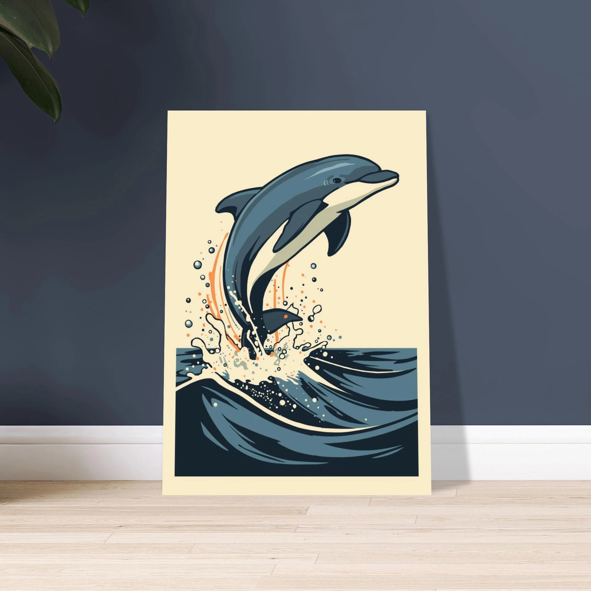 Lekfull delfin som hoppar ur havet, stiliserad illustration