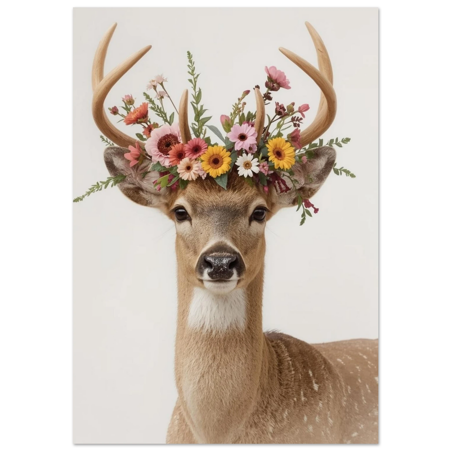 Ståtlig hjort med krona av rosa och gula blommor, fotorealistisk poster