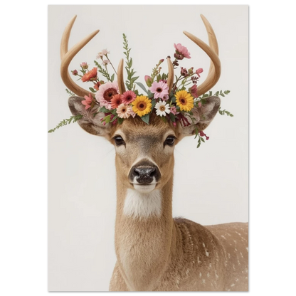 Ståtlig hjort med krona av rosa och gula blommor, fotorealistisk poster