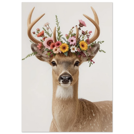 Ståtlig hjort med krona av rosa och gula blommor, fotorealistisk poster
