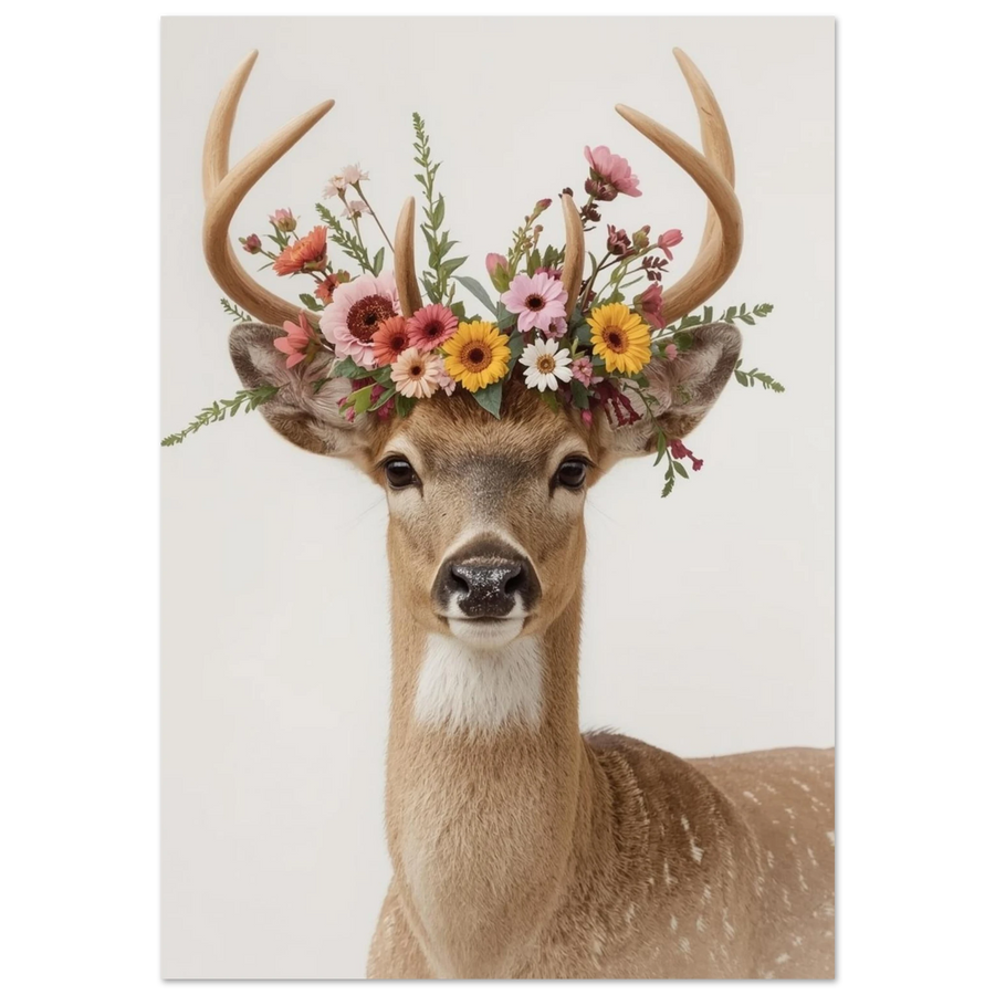 Ståtlig hjort med krona av rosa och gula blommor, fotorealistisk poster