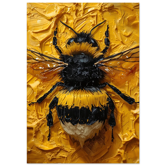 Närbild på humla i gul impastostil med svarta detaljer, djurmotiv