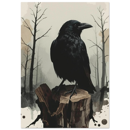 Svart korp sittande på stubbe i dämpad skogsmiljö – Målad poster