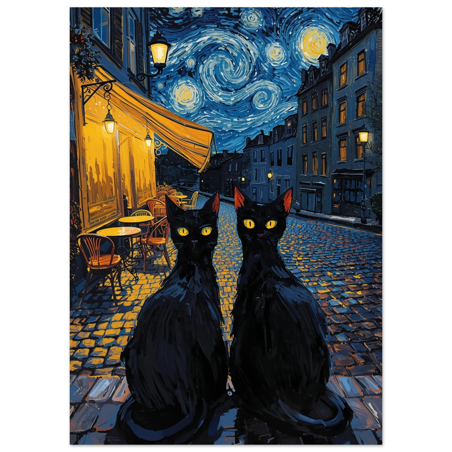 Nattlig stadsmiljö med katter i Van Gogh-stil, färgstark oljemålning