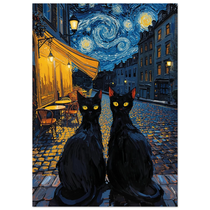 Nattlig stadsmiljö med katter i Van Gogh-stil, färgstark oljemålning