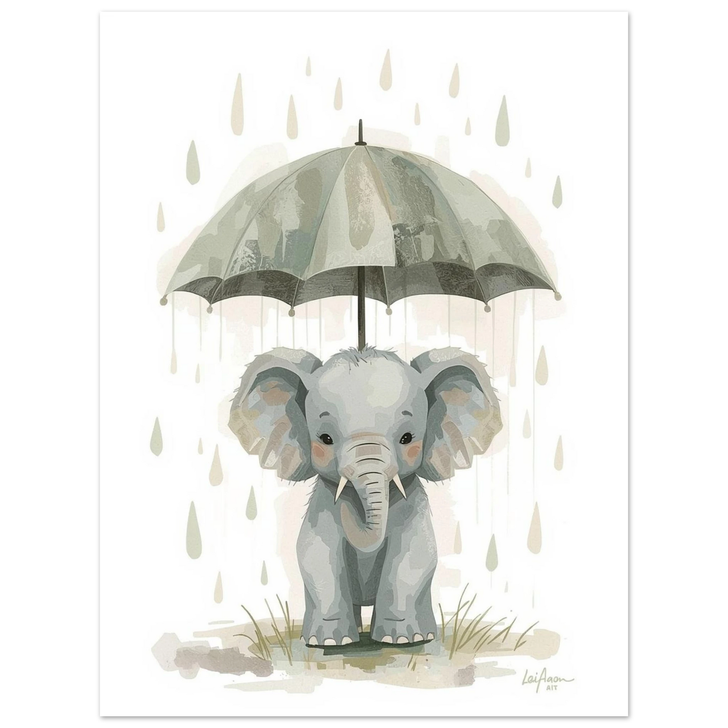 Liten elefant med ett stort paraply i mjukt texturerad konststil