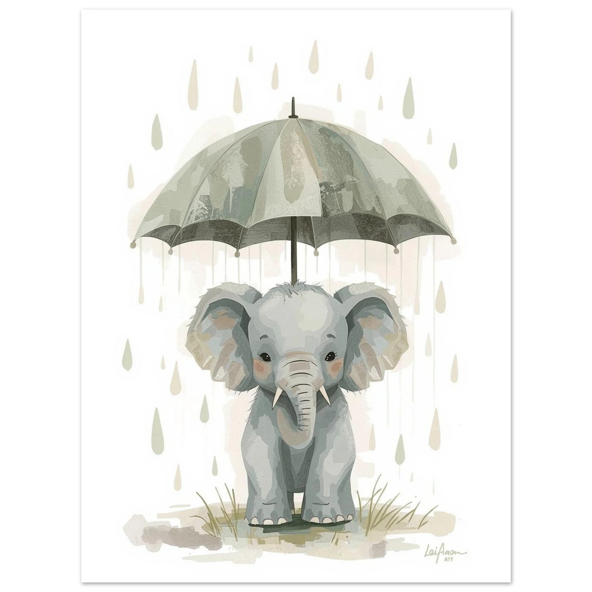 Liten elefant med ett stort paraply i mjukt texturerad konststil