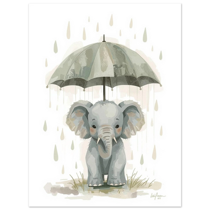 Liten elefant med ett stort paraply i mjukt texturerad konststil