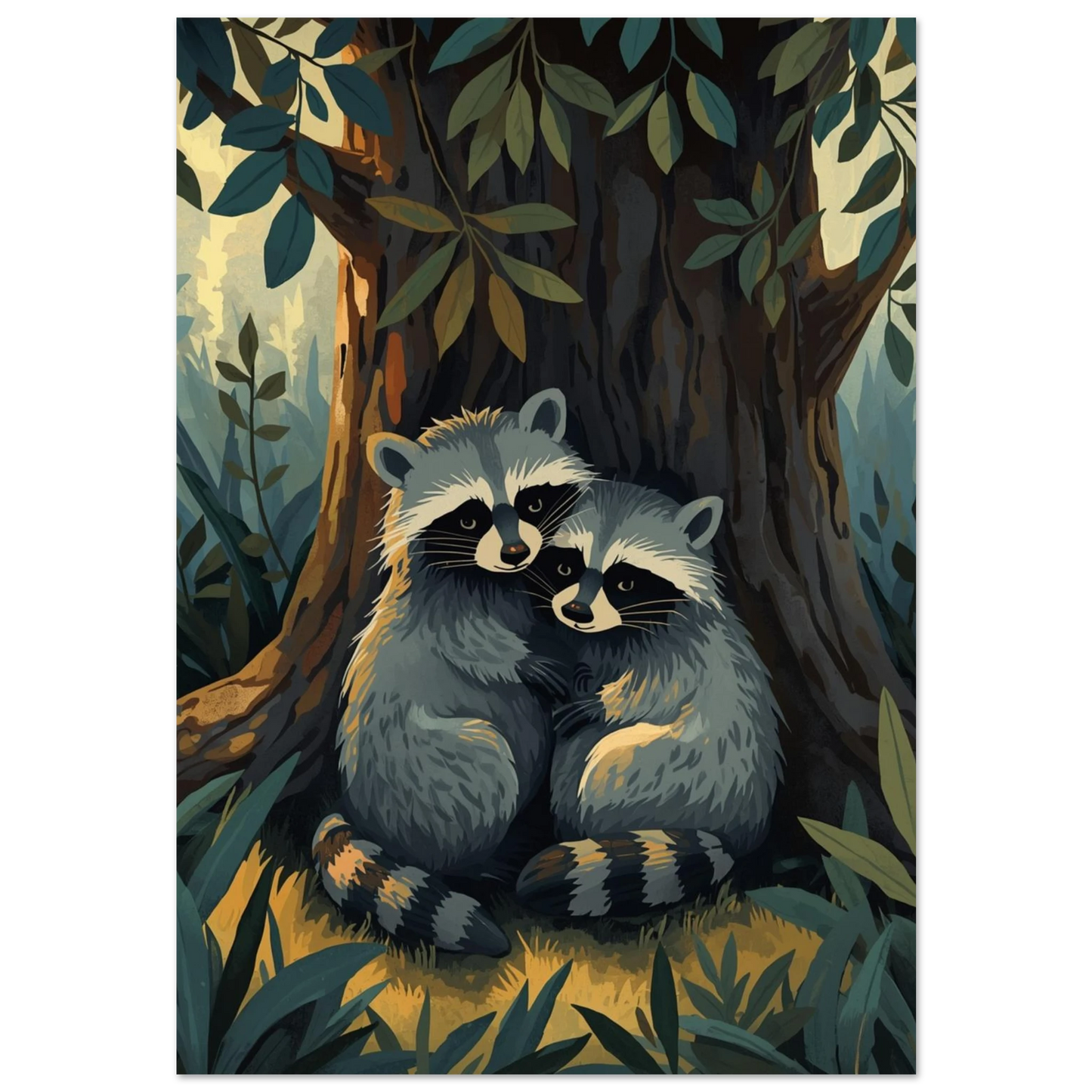 Illustration av två kramande tvättbjörnar under ett träd, mörk bakgrund