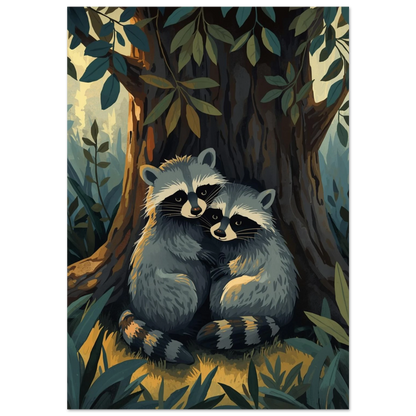 Illustration av två kramande tvättbjörnar under ett träd, mörk bakgrund