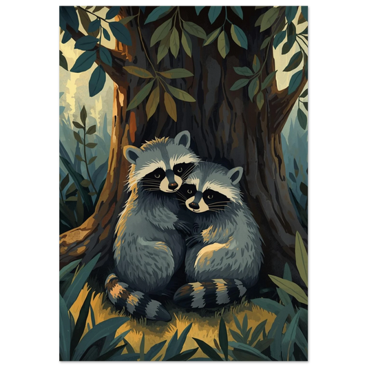 Illustration av två kramande tvättbjörnar under ett träd, mörk bakgrund