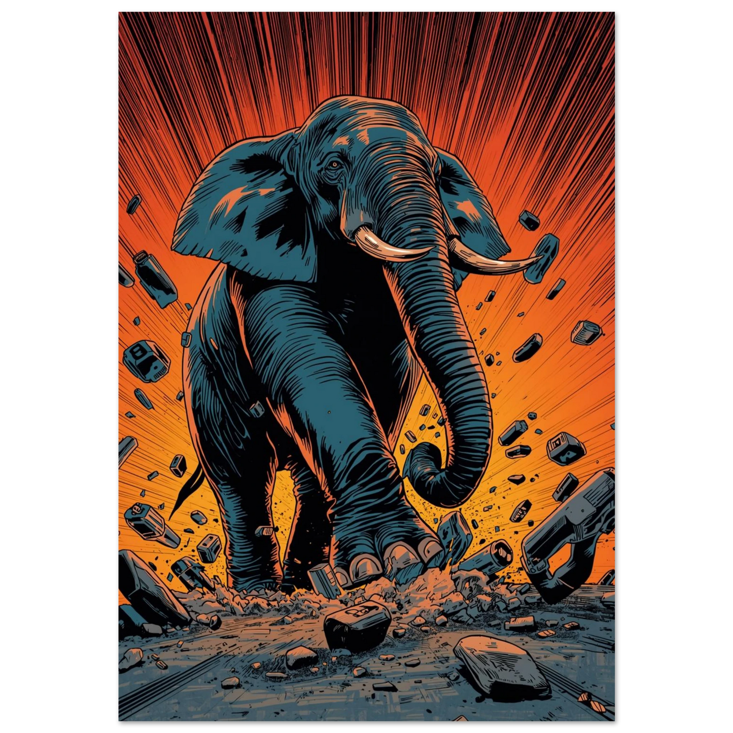 Actionfylld elefant i serietidningsstil med orange explosion och flygande stenar