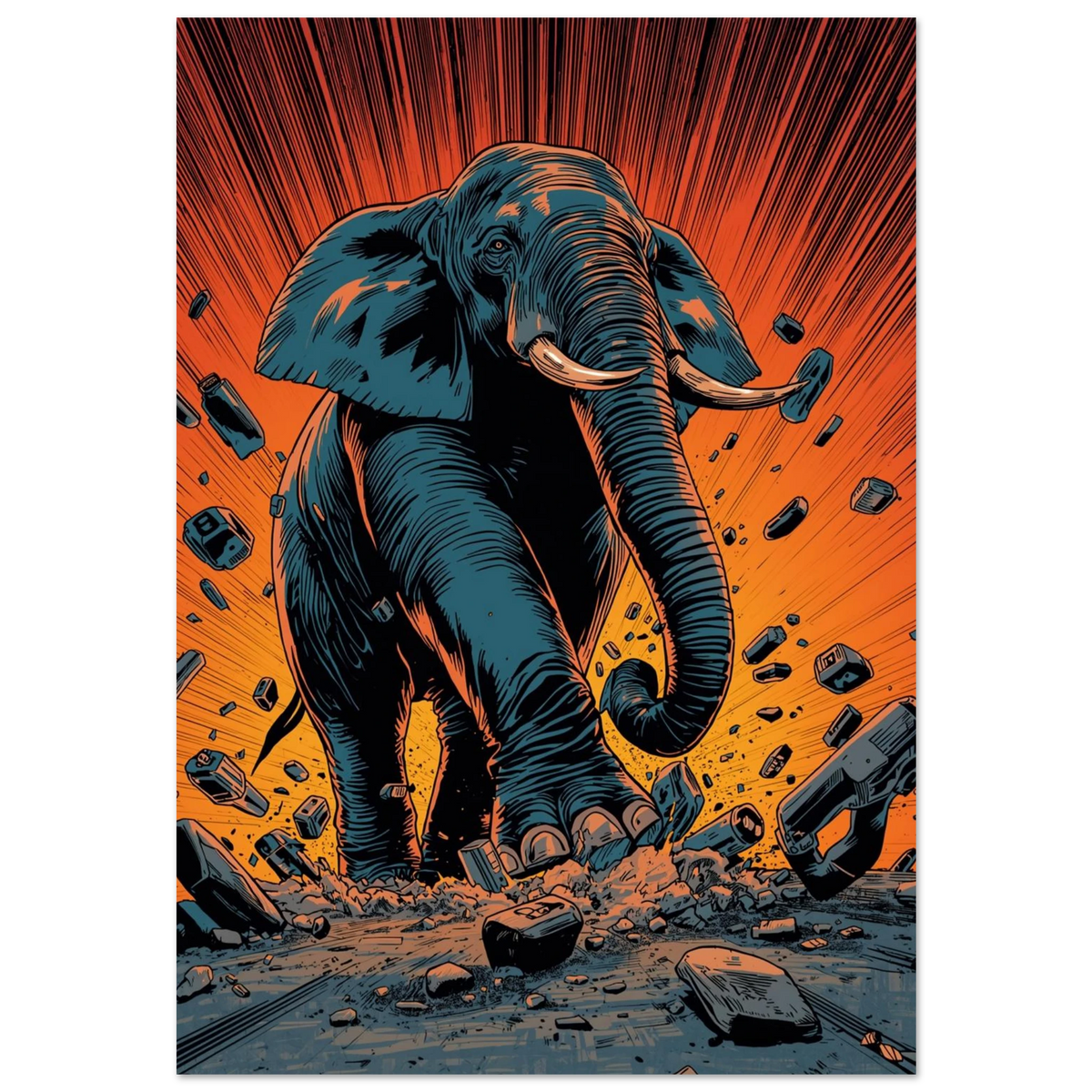 Actionfylld elefant i serietidningsstil med orange explosion och flygande stenar