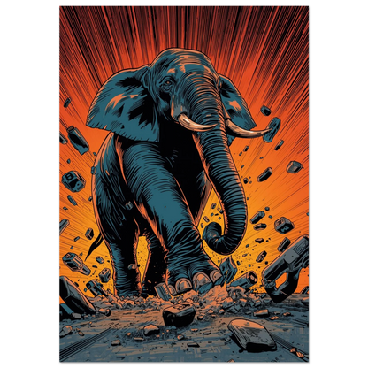 Actionfylld elefant i serietidningsstil med orange explosion och flygande stenar