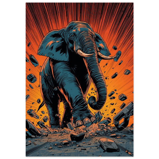 Actionfylld elefant i serietidningsstil med orange explosion och flygande stenar