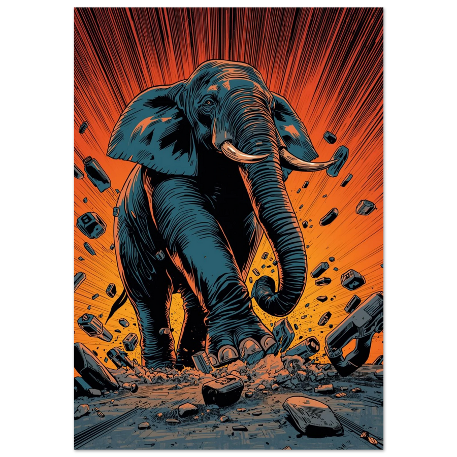 Actionfylld elefant i serietidningsstil med orange explosion och flygande stenar