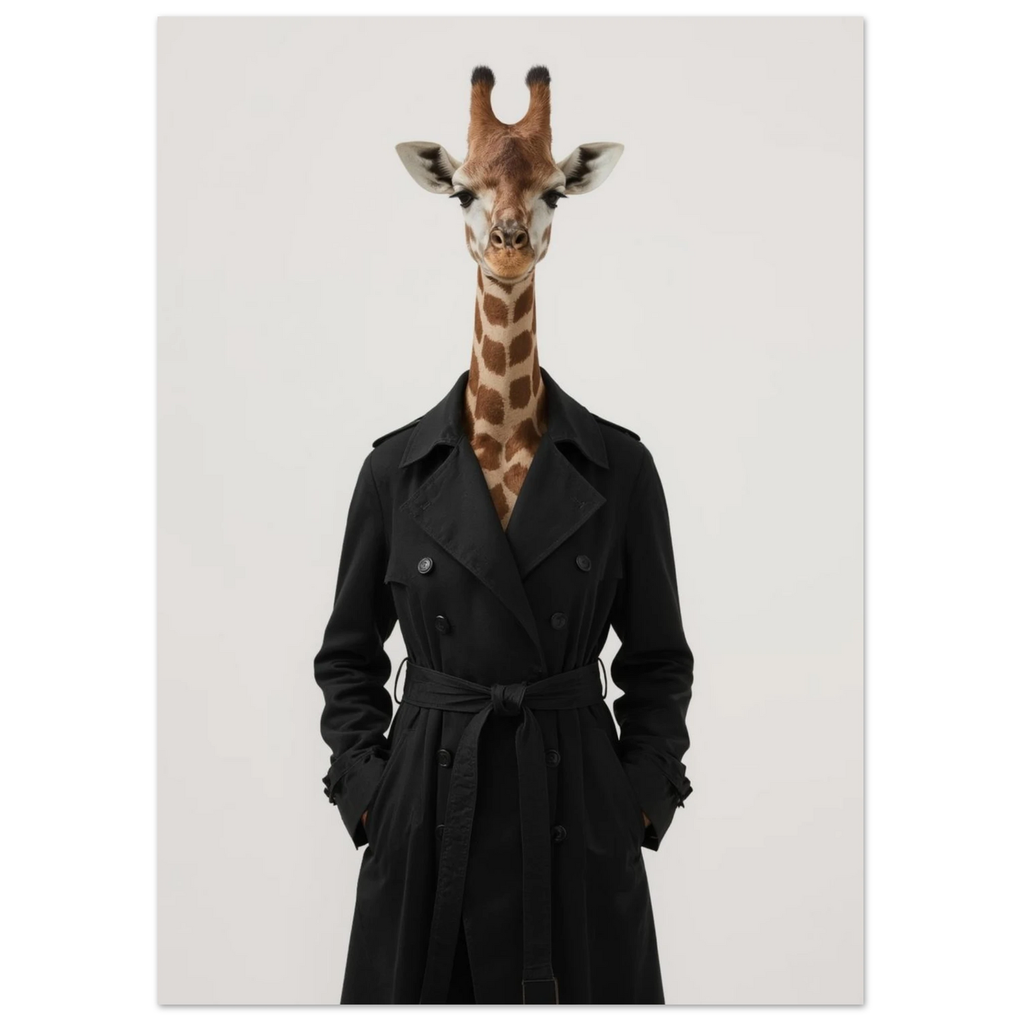 Stilren giraff klädd i mörk kappa, modernt djurmotiv för väggkonst