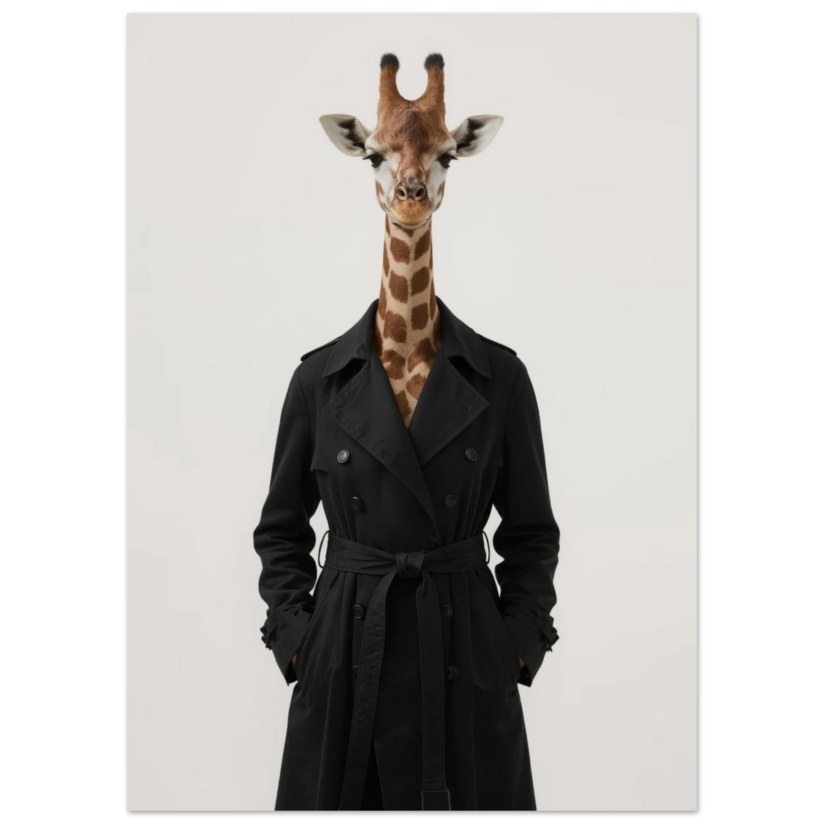Stilren giraff klädd i mörk kappa, modernt djurmotiv för väggkonst