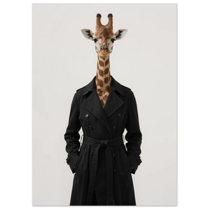 Stilren giraff klädd i mörk kappa, modernt djurmotiv för väggkonst