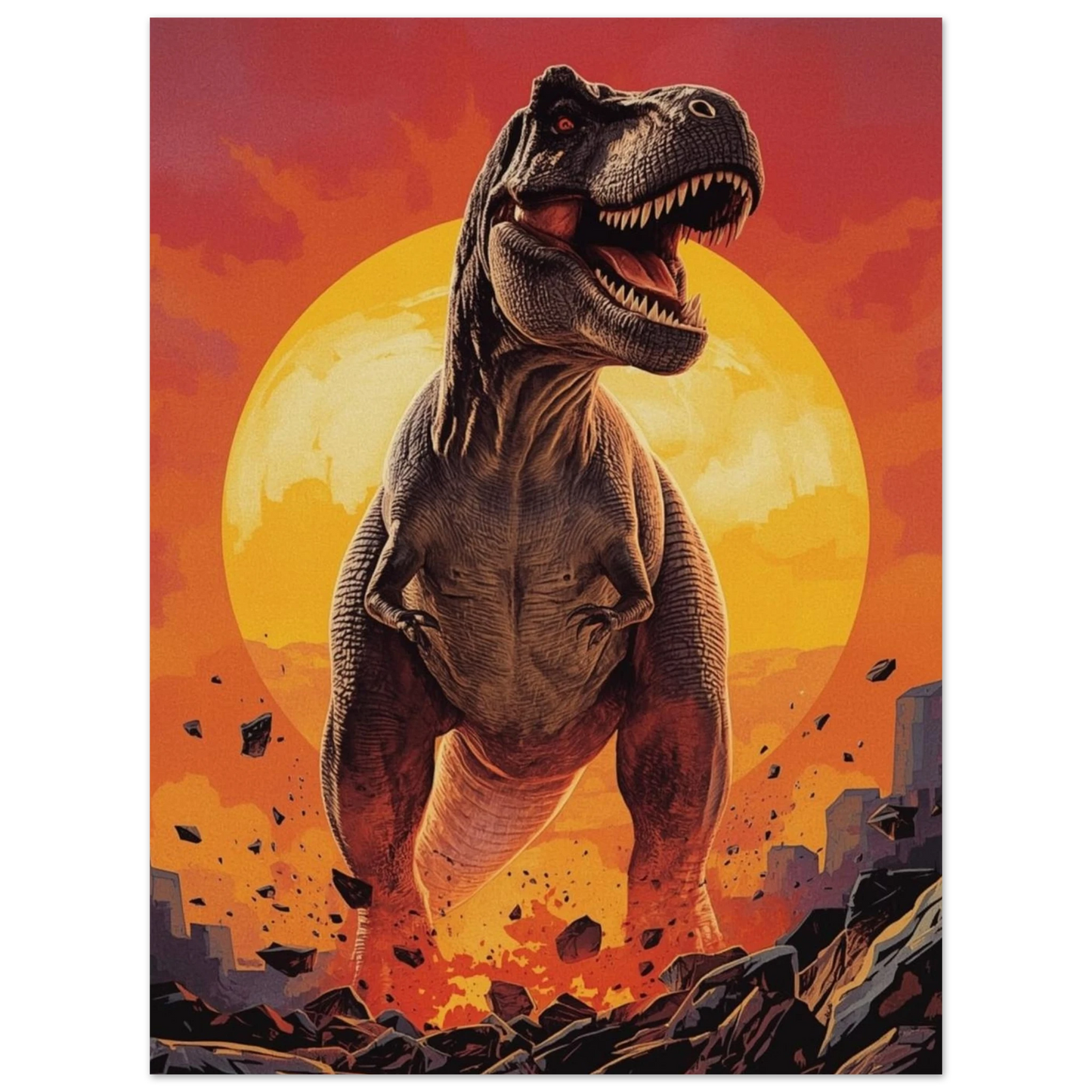 Närbild av T-Rex med detaljerad hudtextur som reser sig över krossad mark mot en röd och orange himmel – Tecknad poster