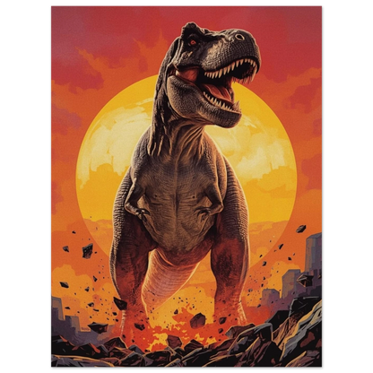 Närbild av T-Rex med detaljerad hudtextur som reser sig över krossad mark mot en röd och orange himmel – Tecknad poster
