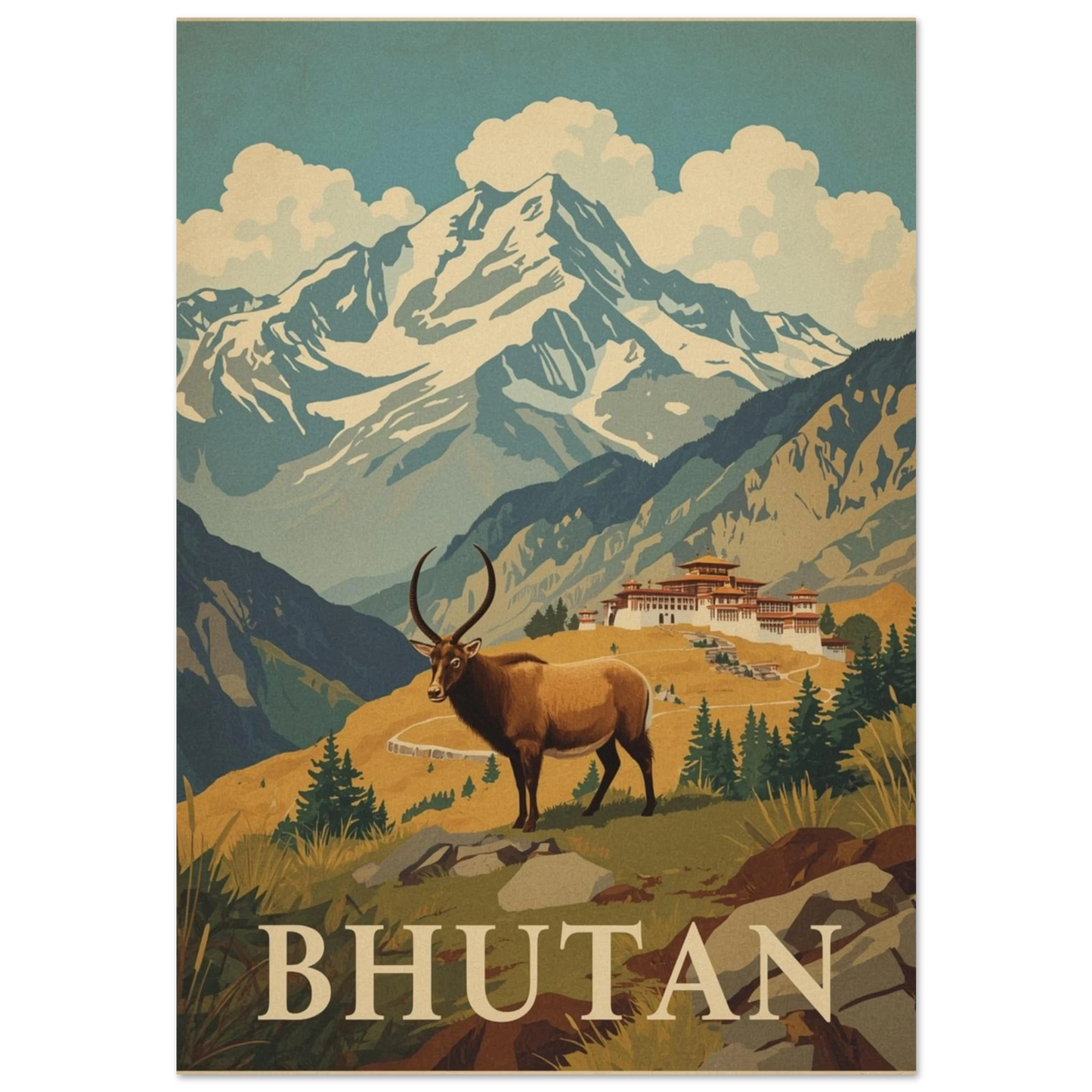 Takin i Himalayas bergsmiljö med kloster i bakgrunden, vintage reseposter