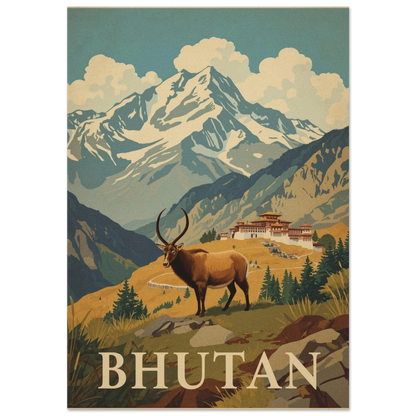 Takin i Himalayas bergsmiljö med kloster i bakgrunden, vintage reseposter