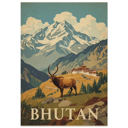 Takin i Himalayas bergsmiljö med kloster i bakgrunden, vintage reseposter