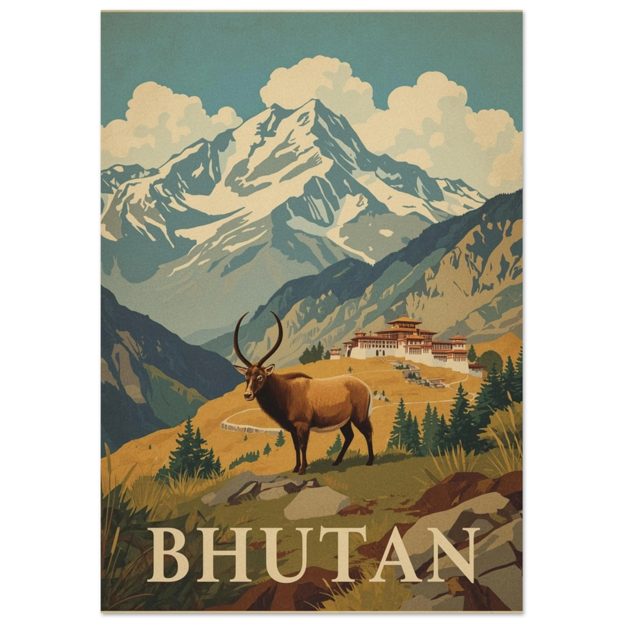 Takin i Himalayas bergsmiljö med kloster i bakgrunden, vintage reseposter