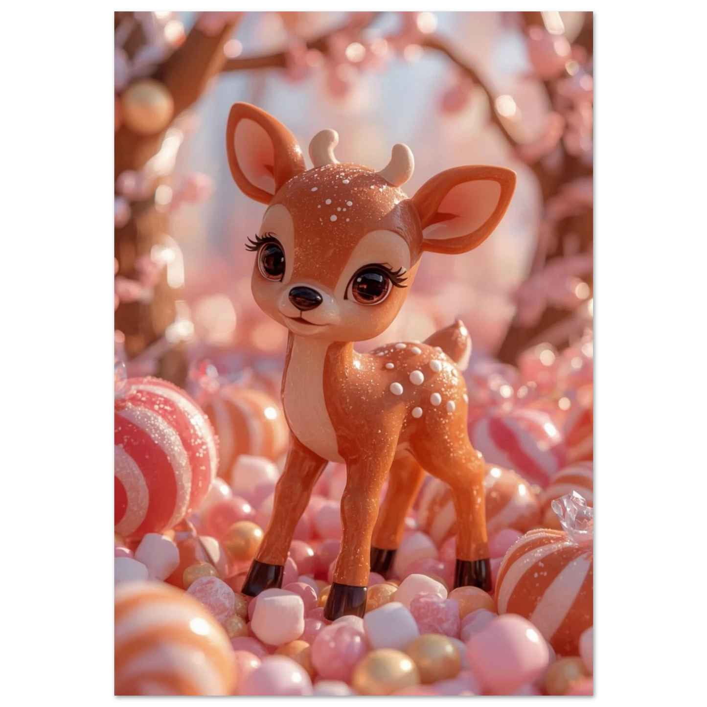 Sött karamellrådjur med stora ögon bland rosa godisbitar – 3D-illustration