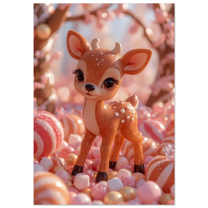 Sött karamellrådjur med stora ögon bland rosa godisbitar – 3D-illustration