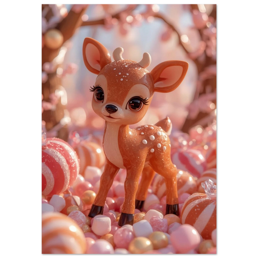Sött karamellrådjur med stora ögon bland rosa godisbitar – 3D-illustration
