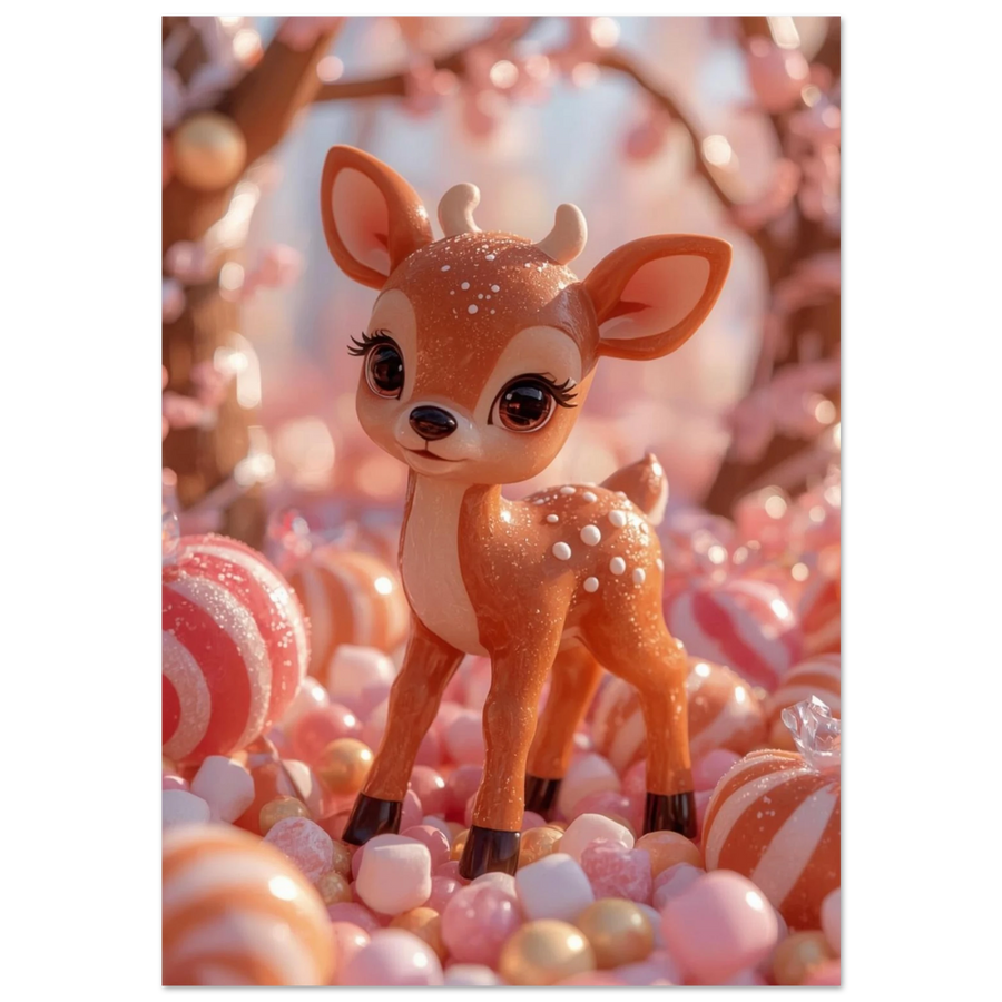 Sött karamellrådjur med stora ögon bland rosa godisbitar – 3D-illustration