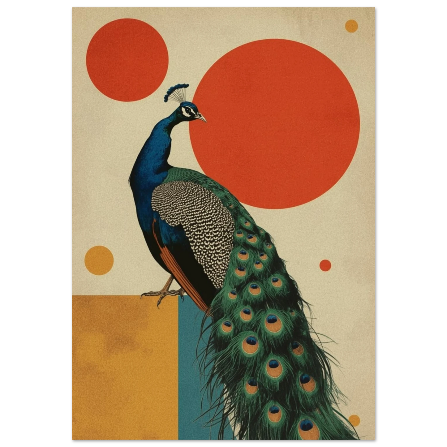 Elegant påfågel med färgstark fjäderdräkt mot geometriska cirklar – Retro poster