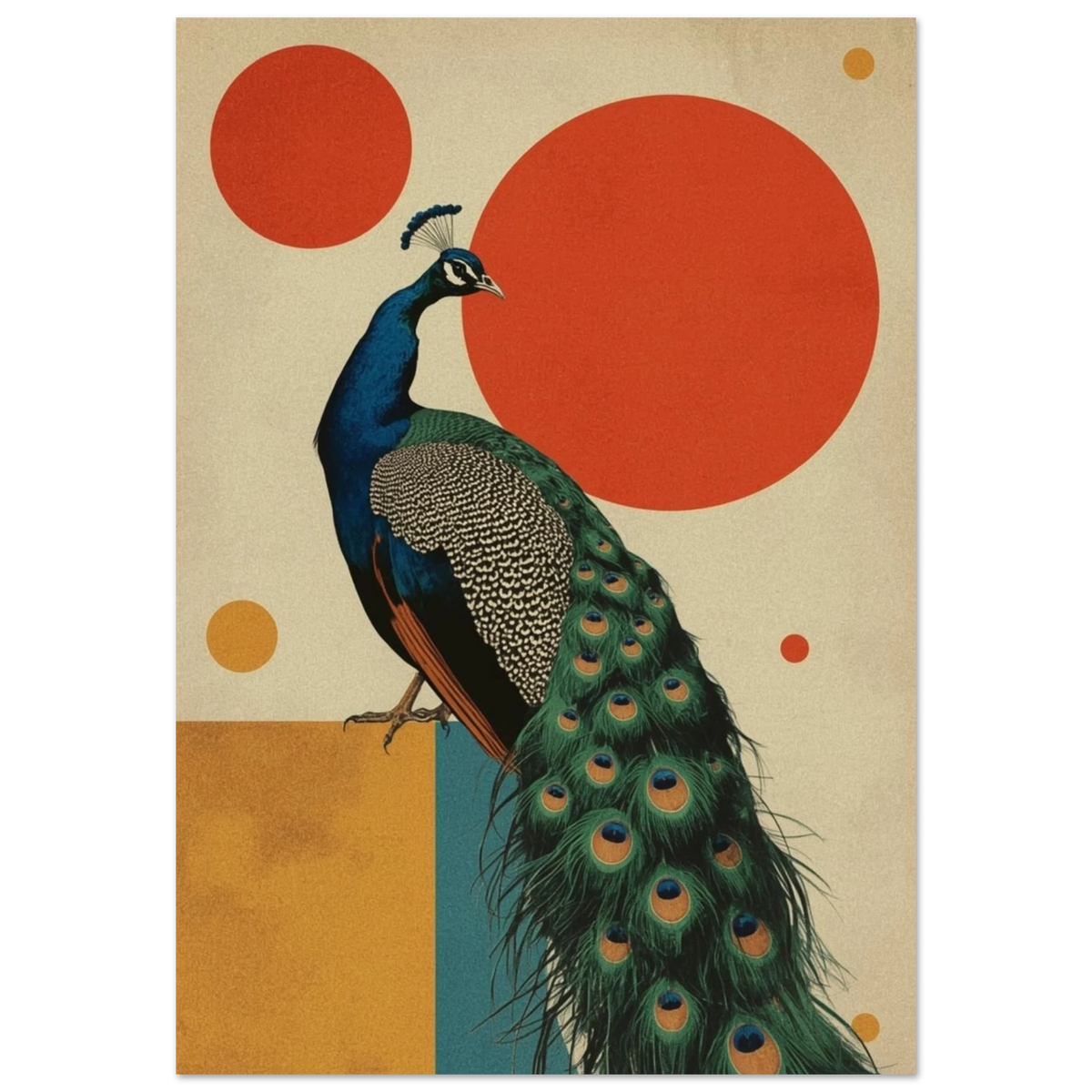 Elegant påfågel med färgstark fjäderdräkt mot geometriska cirklar – Retro poster