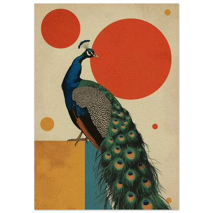 Elegant påfågel med färgstark fjäderdräkt mot geometriska cirklar – Retro poster