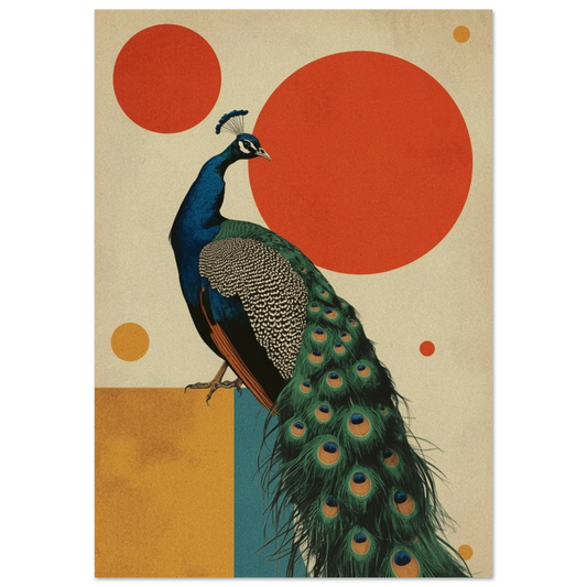 Elegant påfågel med färgstark fjäderdräkt mot geometriska cirklar – Retro poster