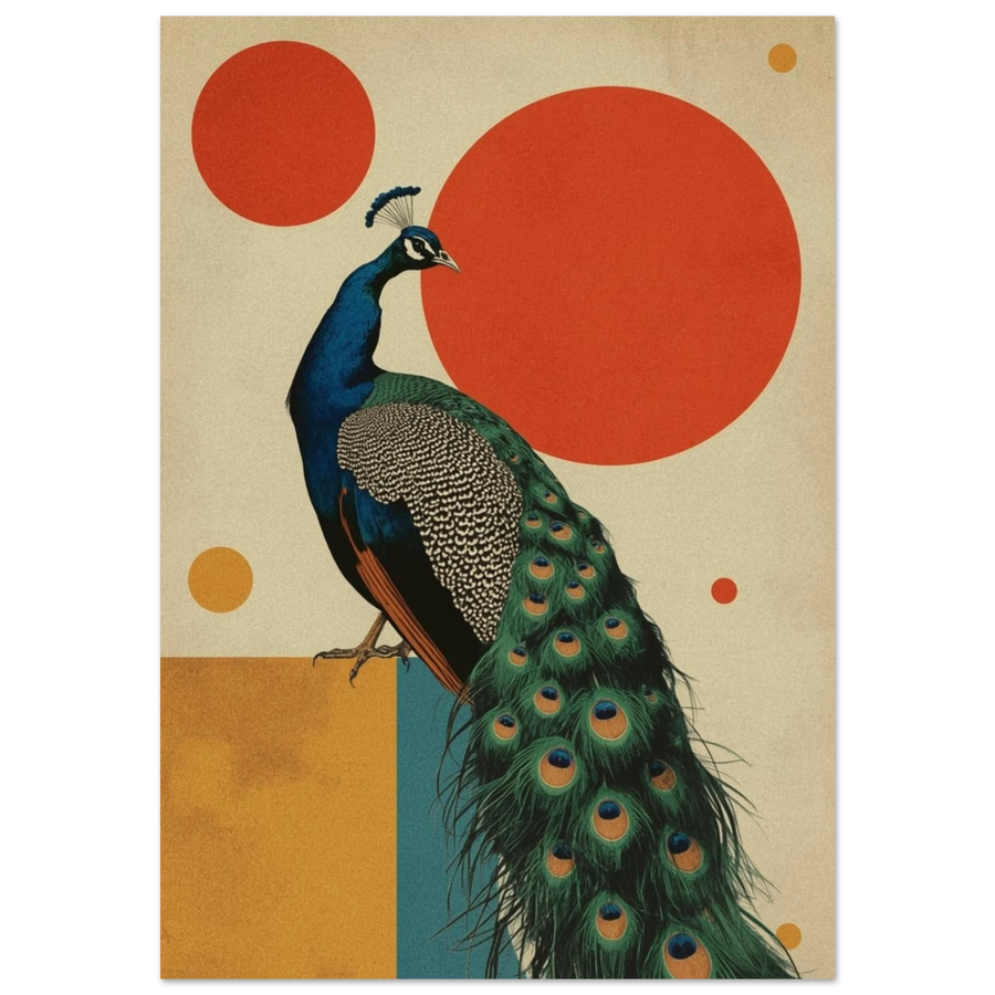 Elegant påfågel med färgstark fjäderdräkt mot geometriska cirklar – Retro poster