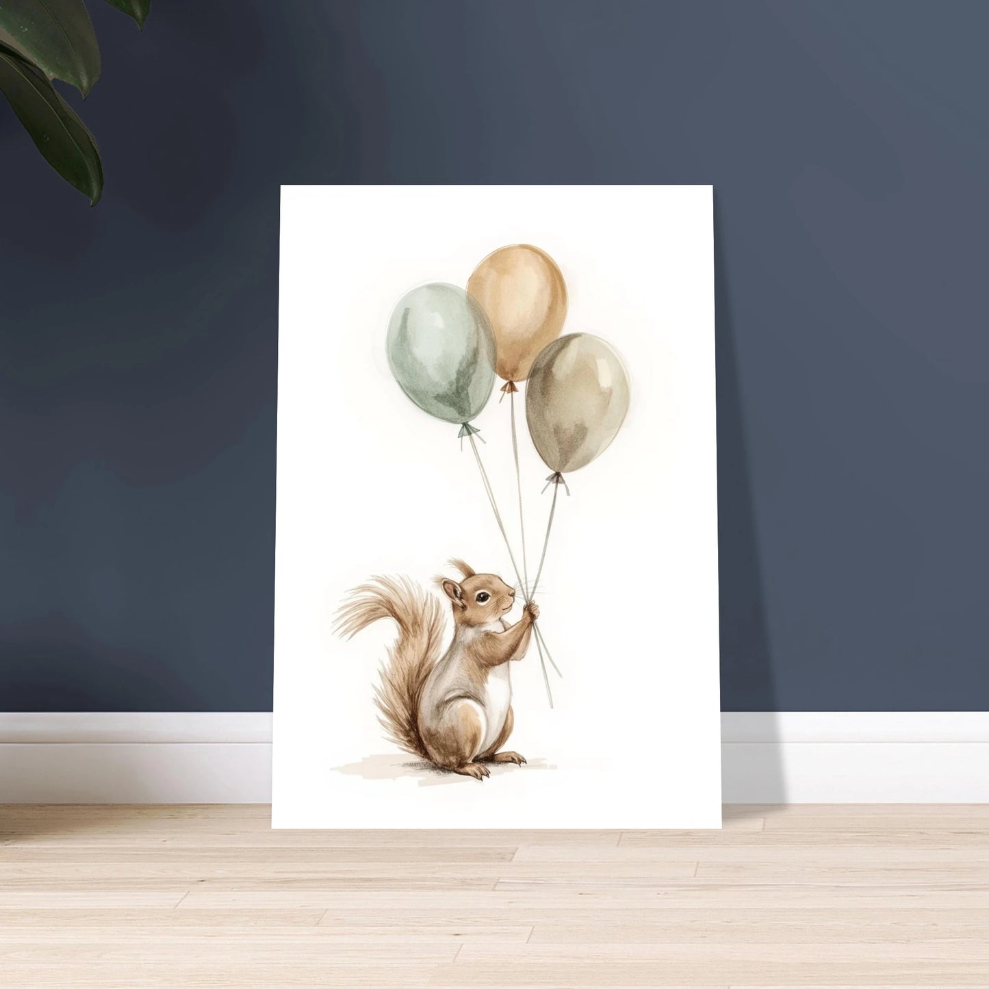 Söt ekorre med ballonger, lekfull akvarellkonst för barnrummet.