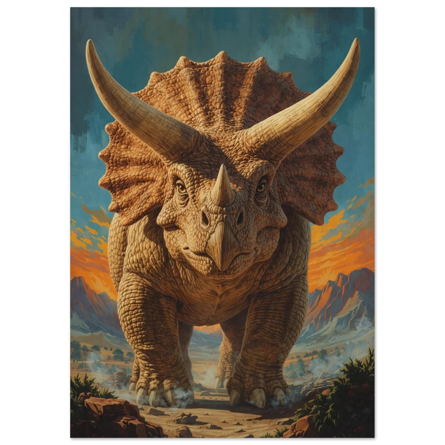 Detaljerad bild av Triceratops skinnstruktur och horn med dramatisk himmel – Retro poster