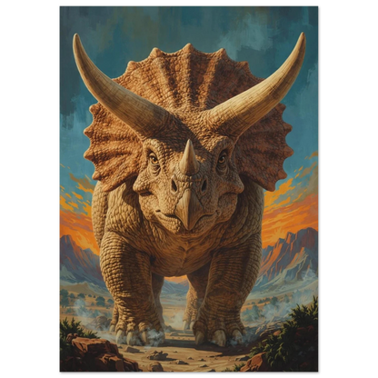 Detaljerad bild av Triceratops skinnstruktur och horn med dramatisk himmel – Retro poster