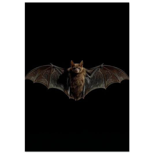 Fladdermus med utbredda vingar mot svart bakgrund, fotorealistisk djurposter