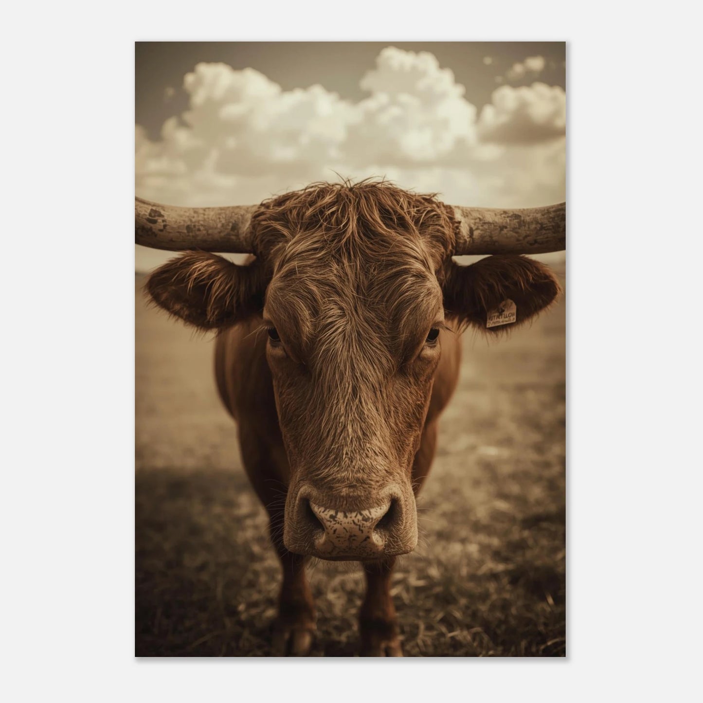 Fotorealistisk poster av en brun ko med imponerande hornspann