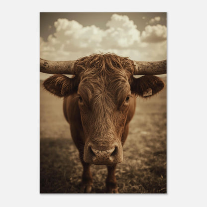 Fotorealistisk poster av en brun ko med imponerande hornspann