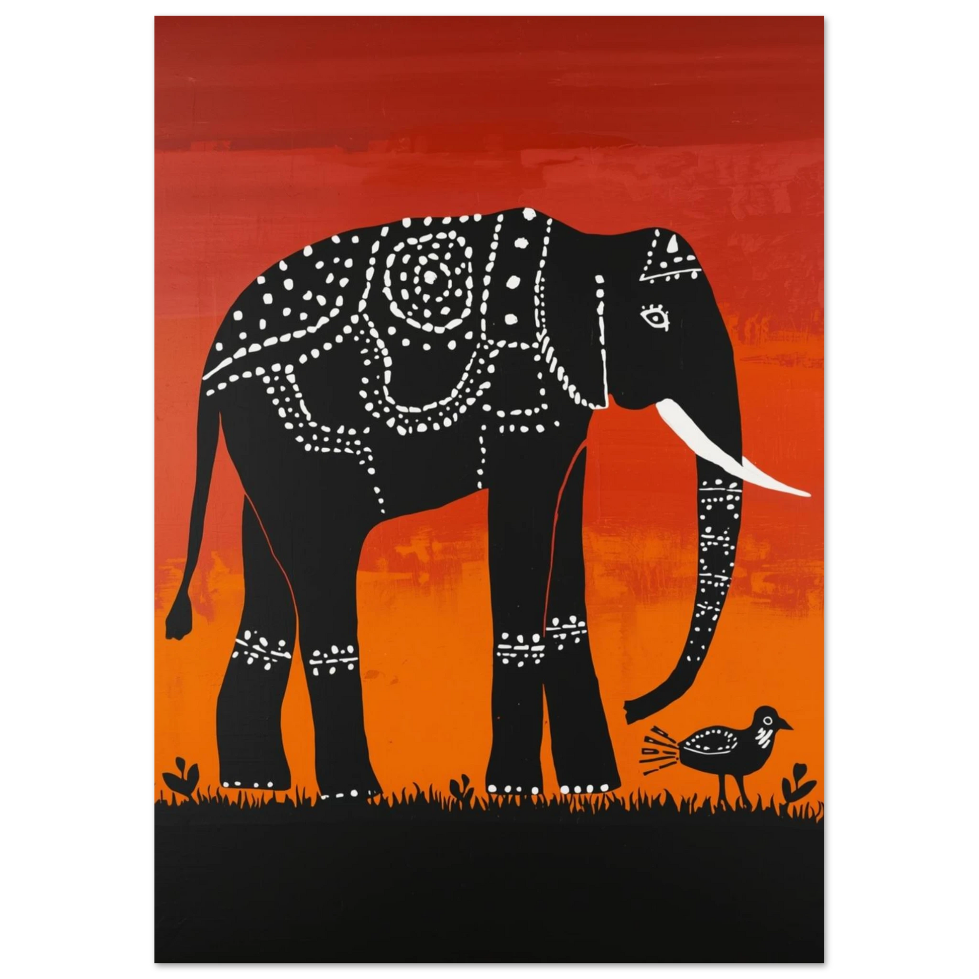 Detaljerad illustration av elefant och fågel i afrikansk stil – grafiskt print