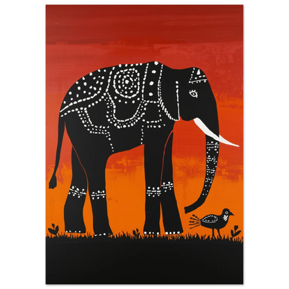 Detaljerad illustration av elefant och fågel i afrikansk stil – grafiskt print