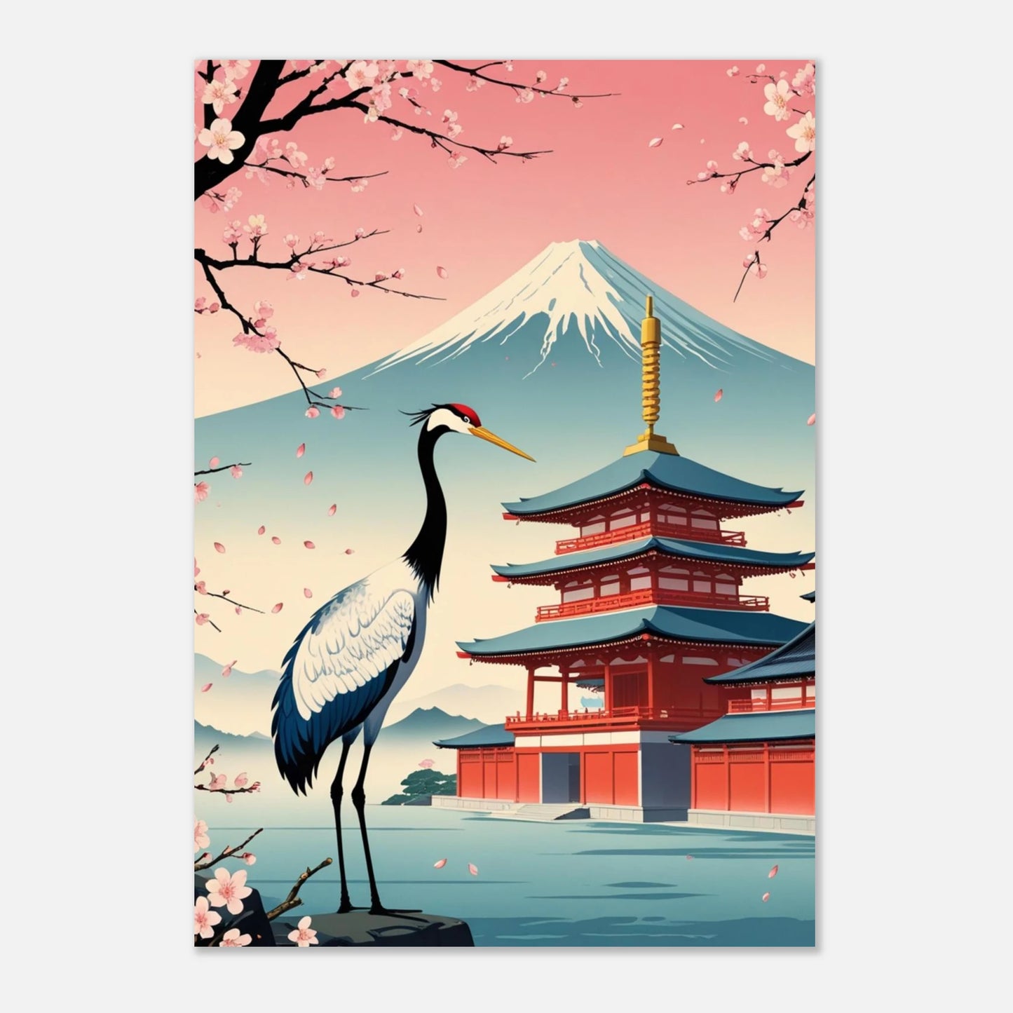 Elegant trana i ett harmoniskt japanskt vårlandskap med blommor